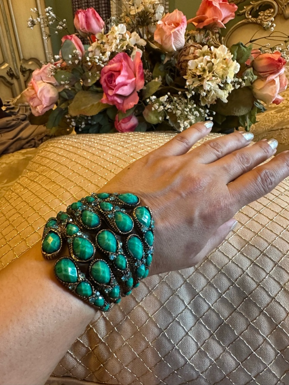 Bold Turquoise Colored Multi-Stone Cuff Bracelet - Women Jewelry Bracelets